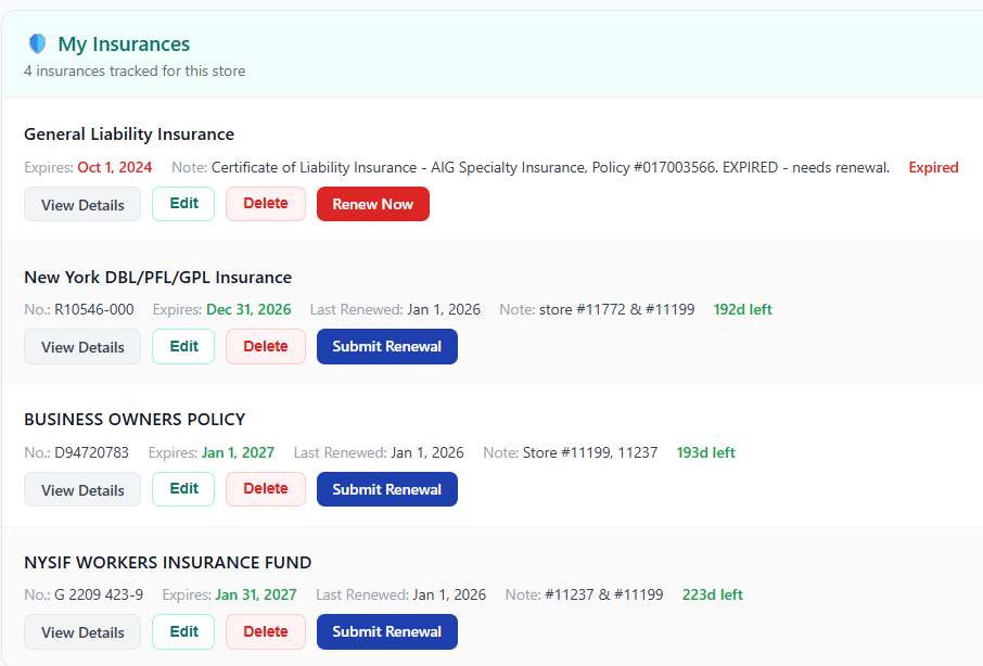 My insurances list