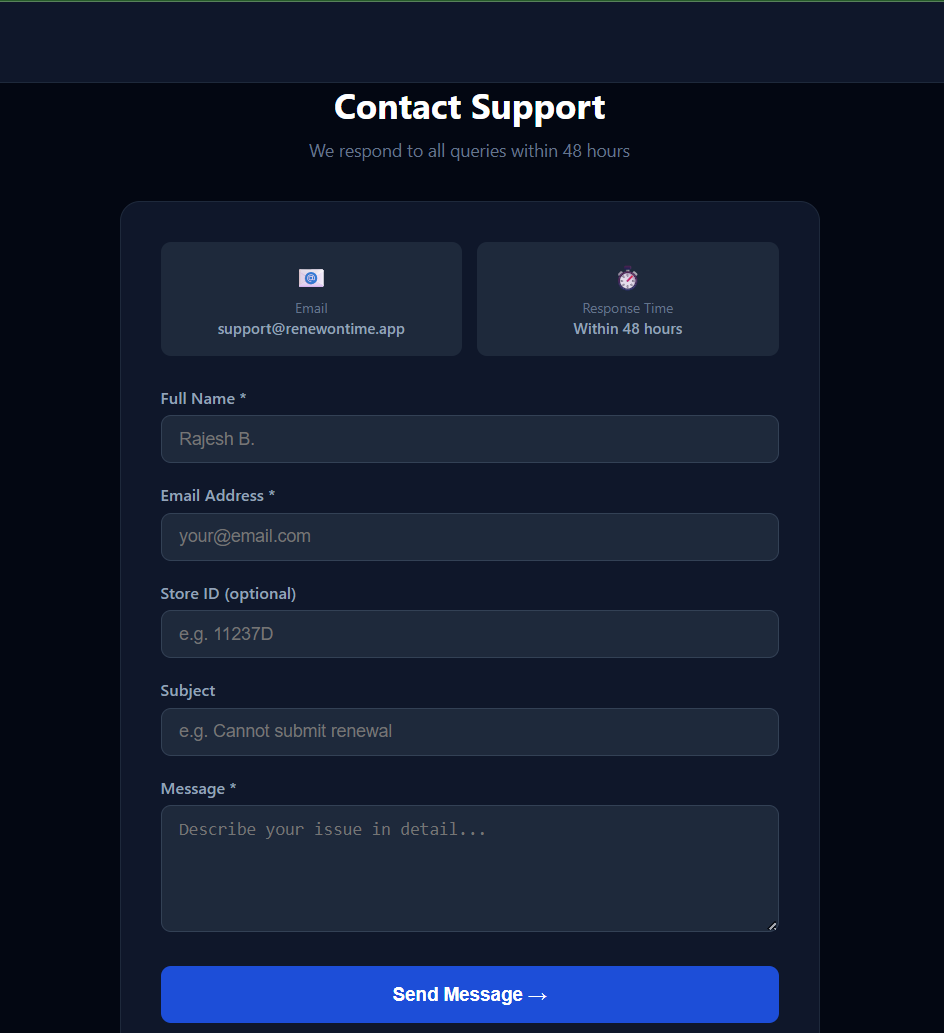 Contact support form